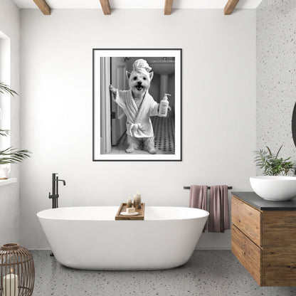 Westie taking a bath in a bathtub, ideal for washroom print decor.
Funny toilet poster featuring a whimsical Westie in a bathtub.
