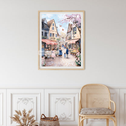 Whimsical old town illustration featuring a flower market and pastel buildings.
