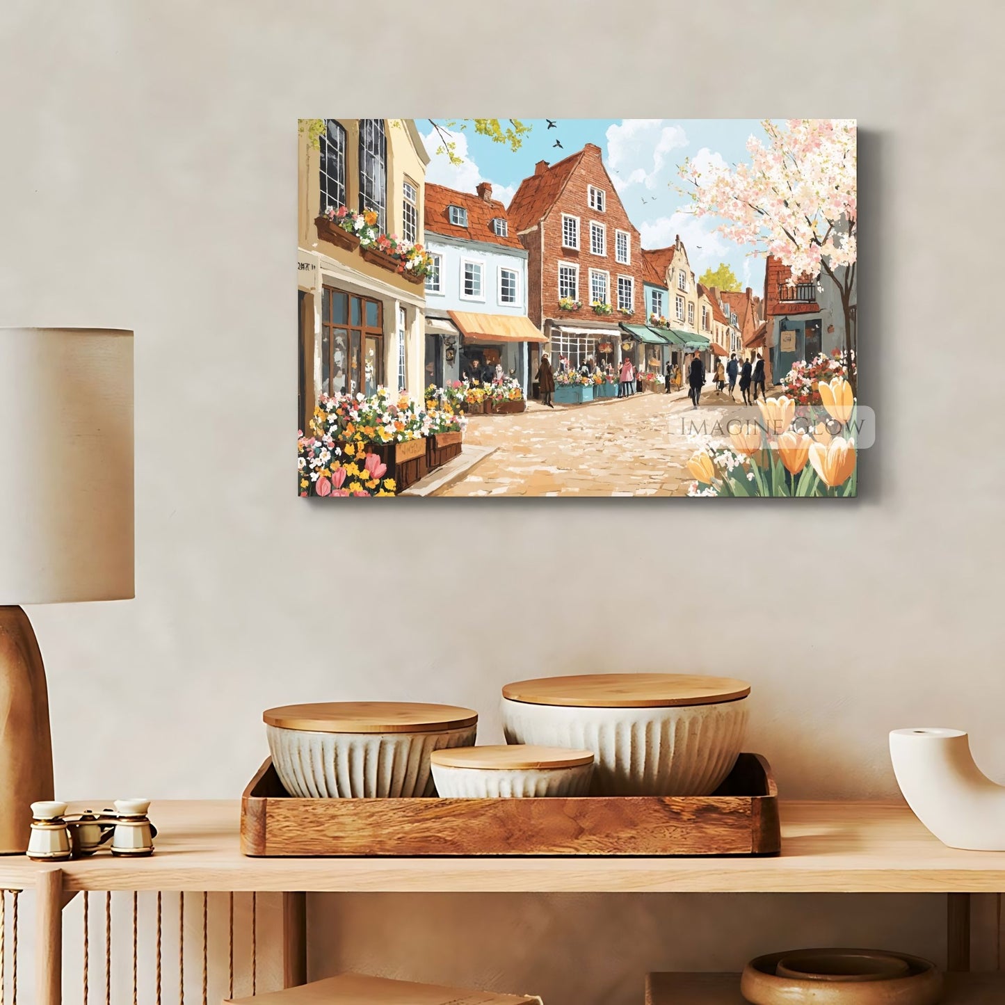 Picturesque spring cityscape featuring blooming flowers and cozy cafes.