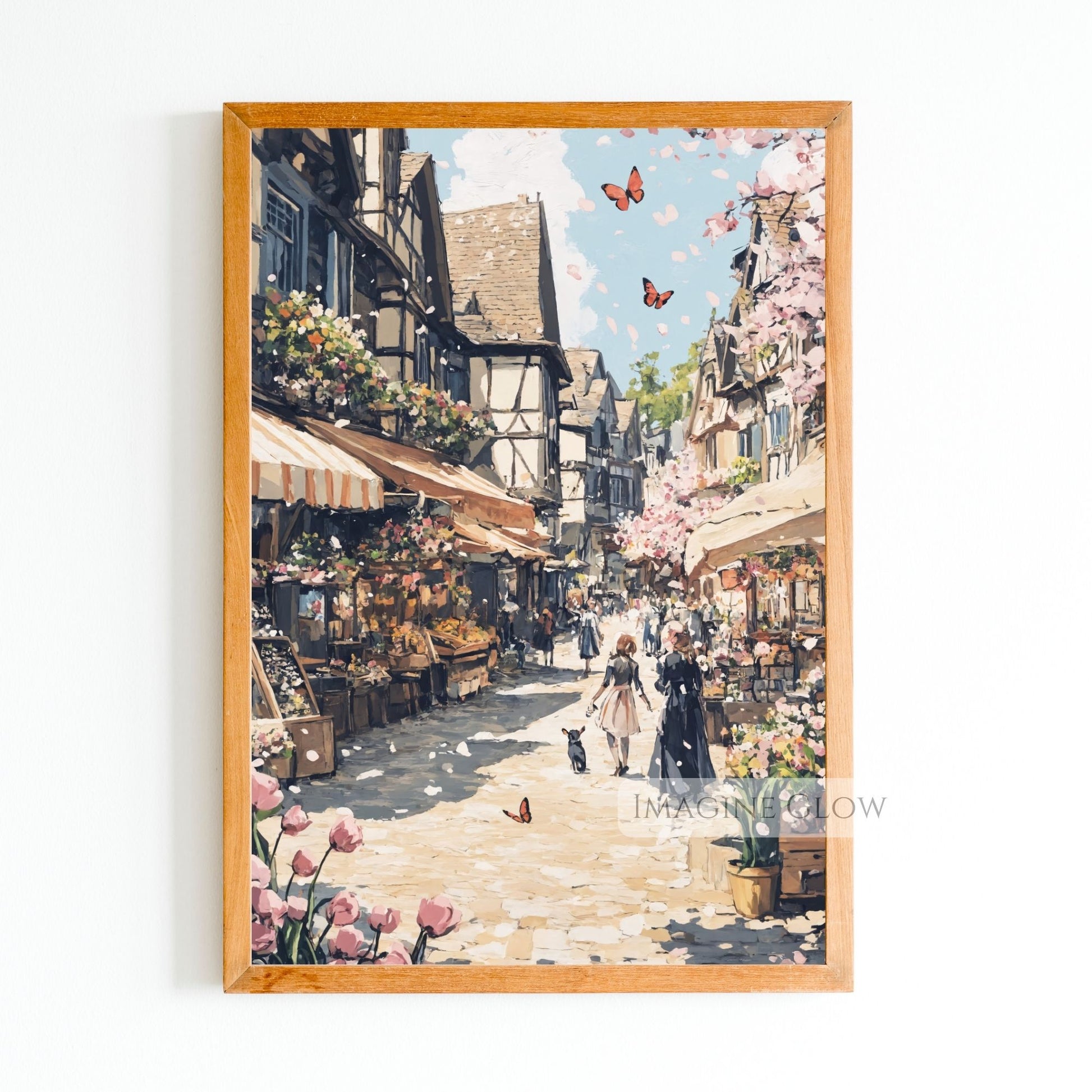 Springtime floral market drawing with soft, airy colors and blooming stalls.