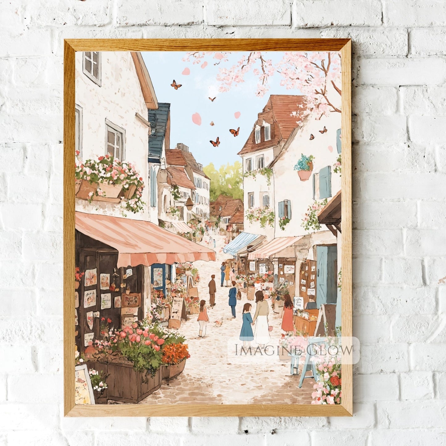 Romantic spring street scene with blooming flowers and pastel houses.
