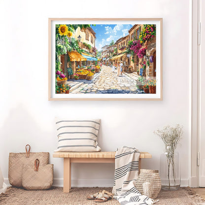 Sunlit town scene featuring a bustling fruit market and vibrant sunflowers.
