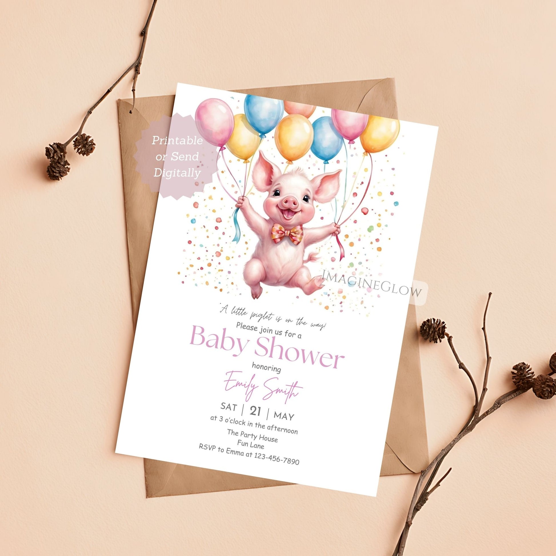 Pig baby shower invitation with a sweet piglet theme for boys and girls
