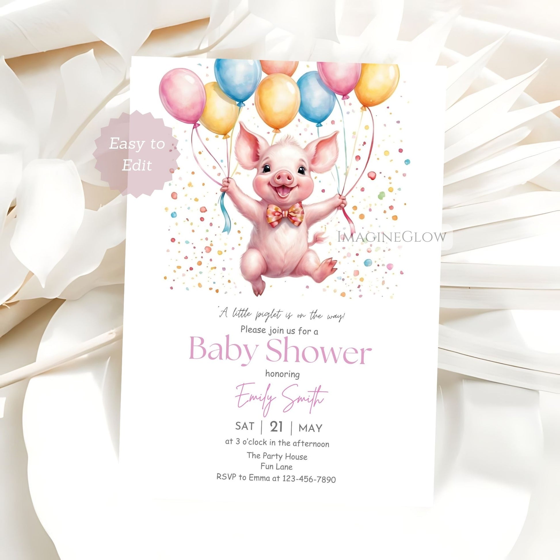 Editable baby shower invitation featuring an adorable piglet
