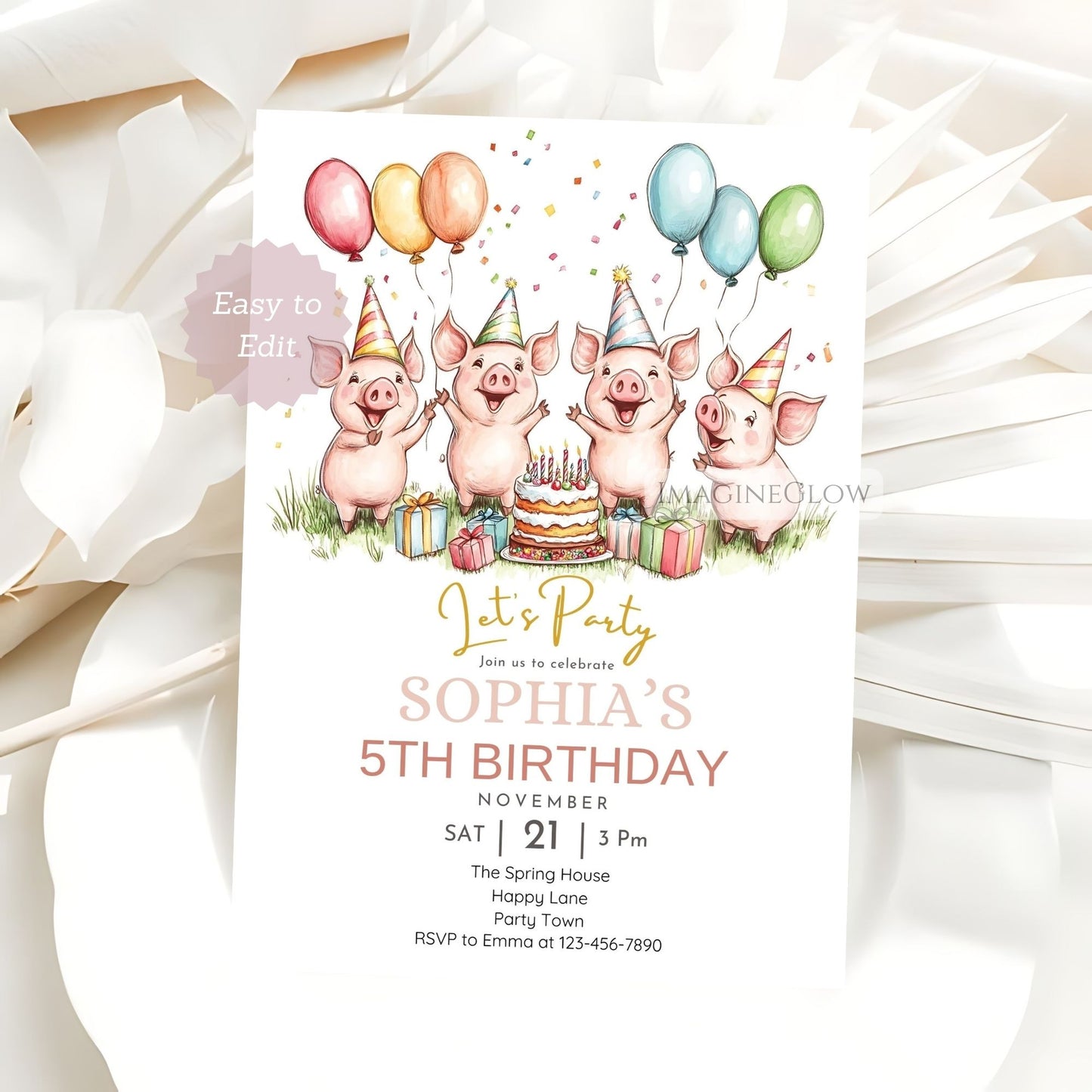 Editable piglet party invite for toddlers
Cute farm animal pig birthday card
