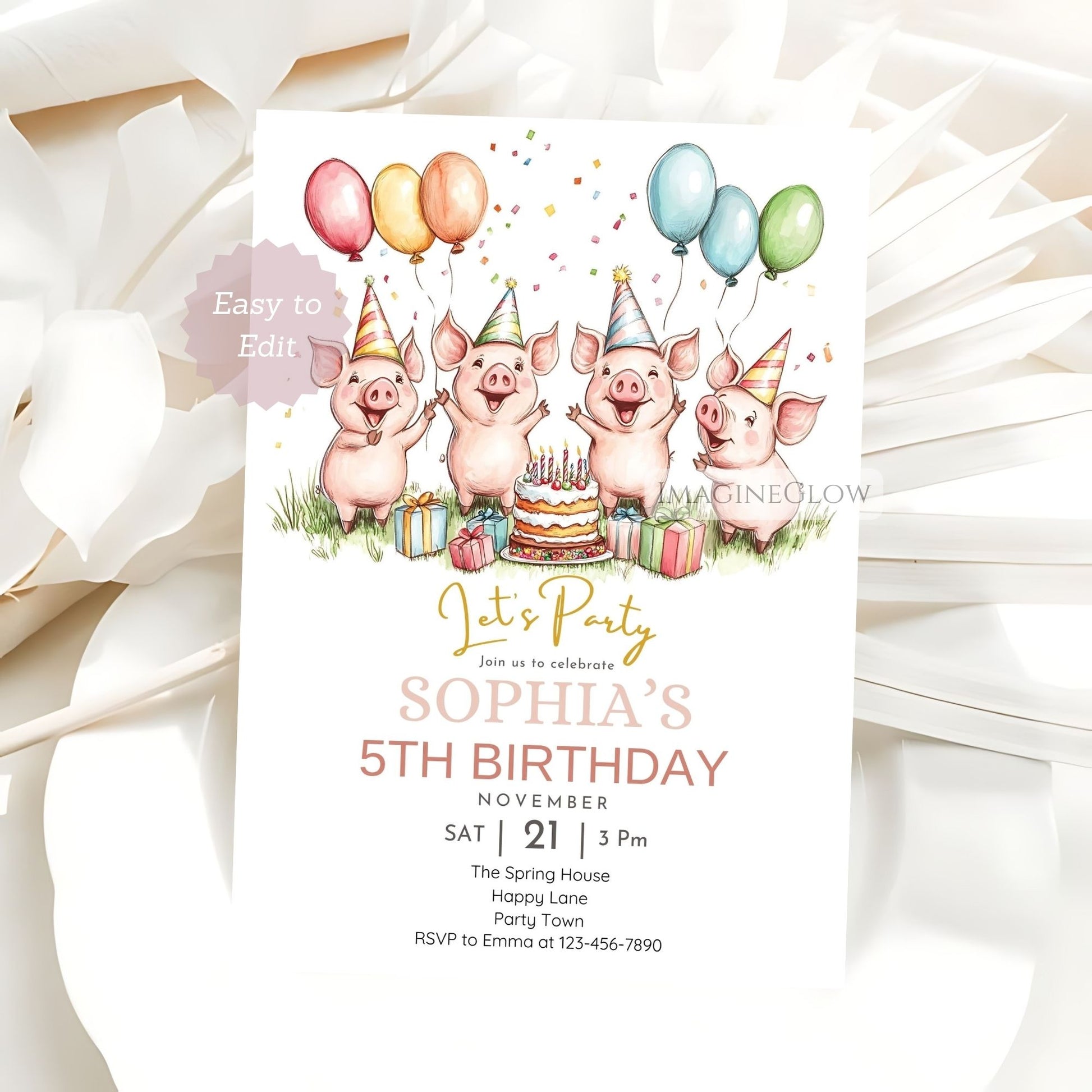 Editable piglet party invite for toddlers
Cute farm animal pig birthday card
