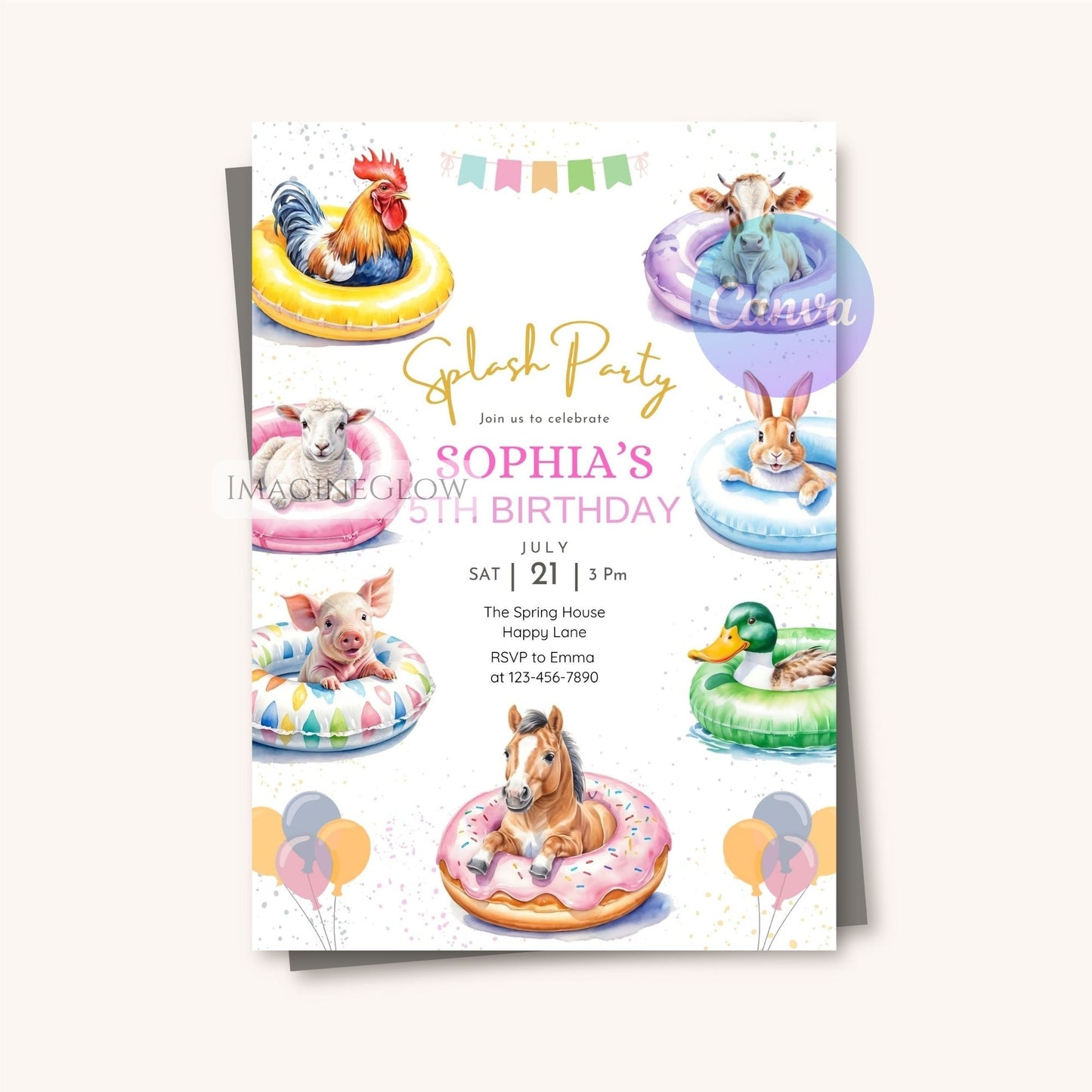 printable horse farm animal invitation
farm animal birthday pool party card
