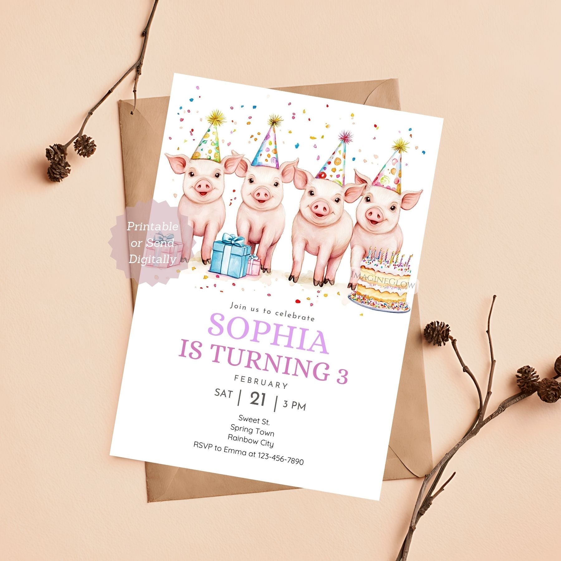 Adorable piglet party invite with birthday cake design
