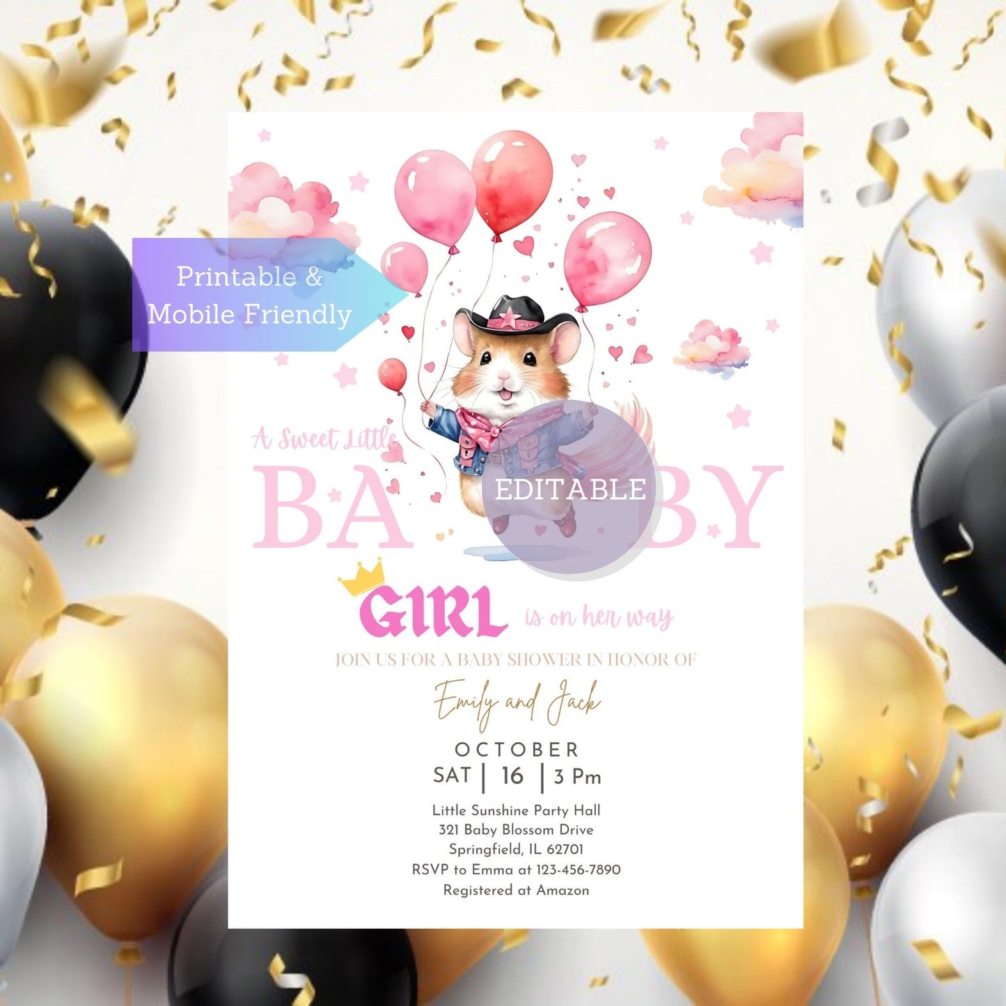 Printable hamster baby shower invite template for girls, editable on Canva