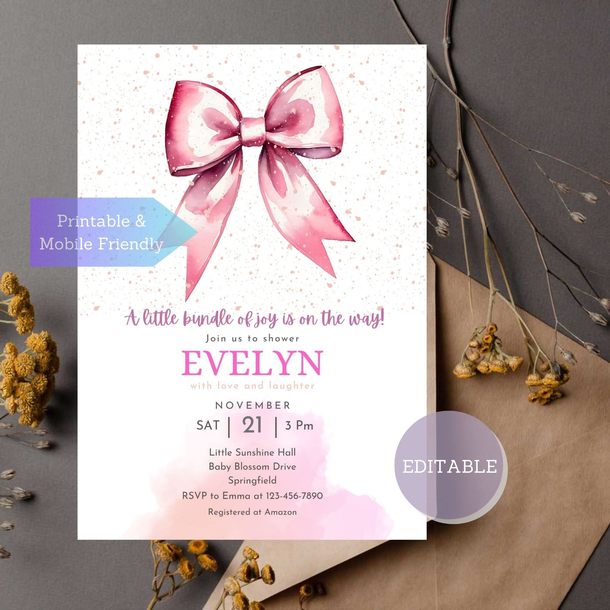 Pink bow baby shower invitation with a fun design for a baby girl celebration.