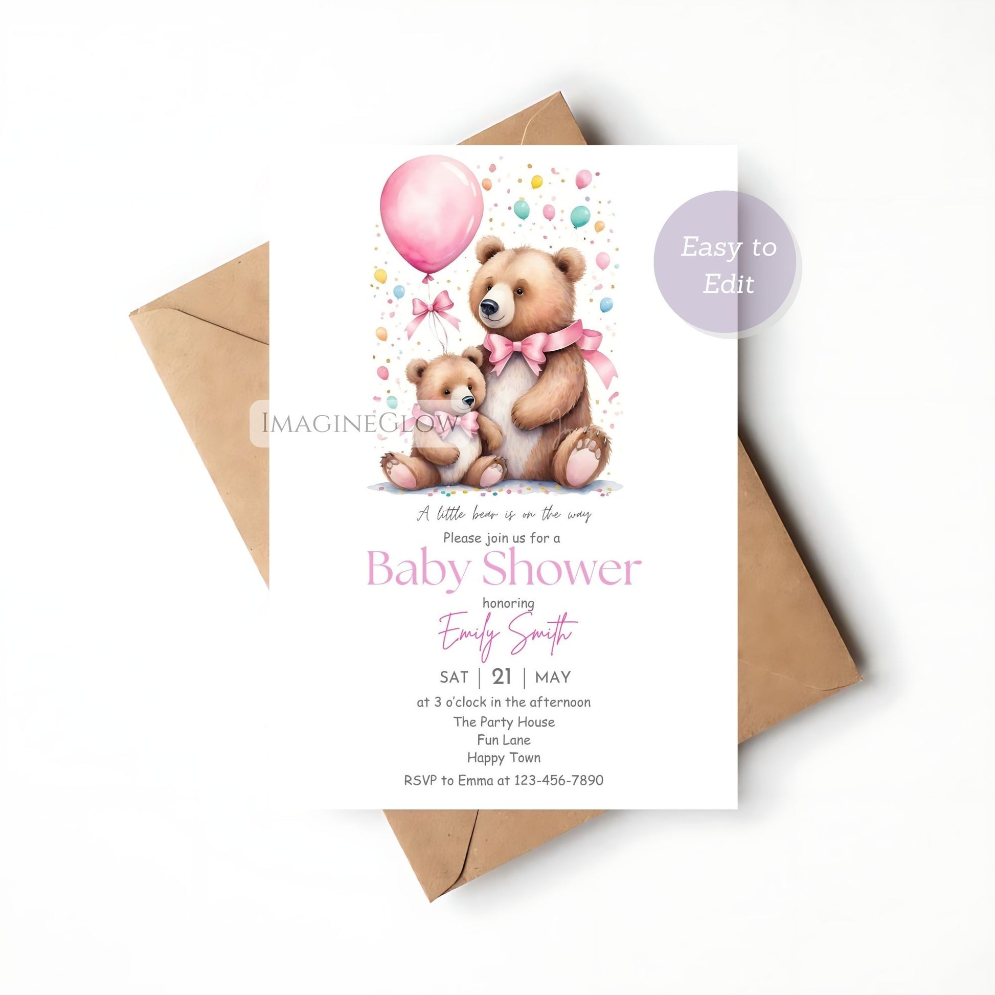 baby girl bear baby shower invitation
