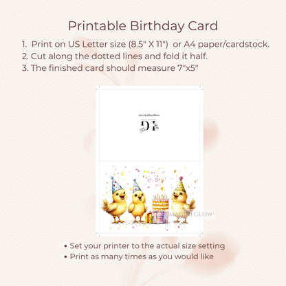 printable birthday card
blank inside birthday card
colorful chick illustration
playful baby bird card