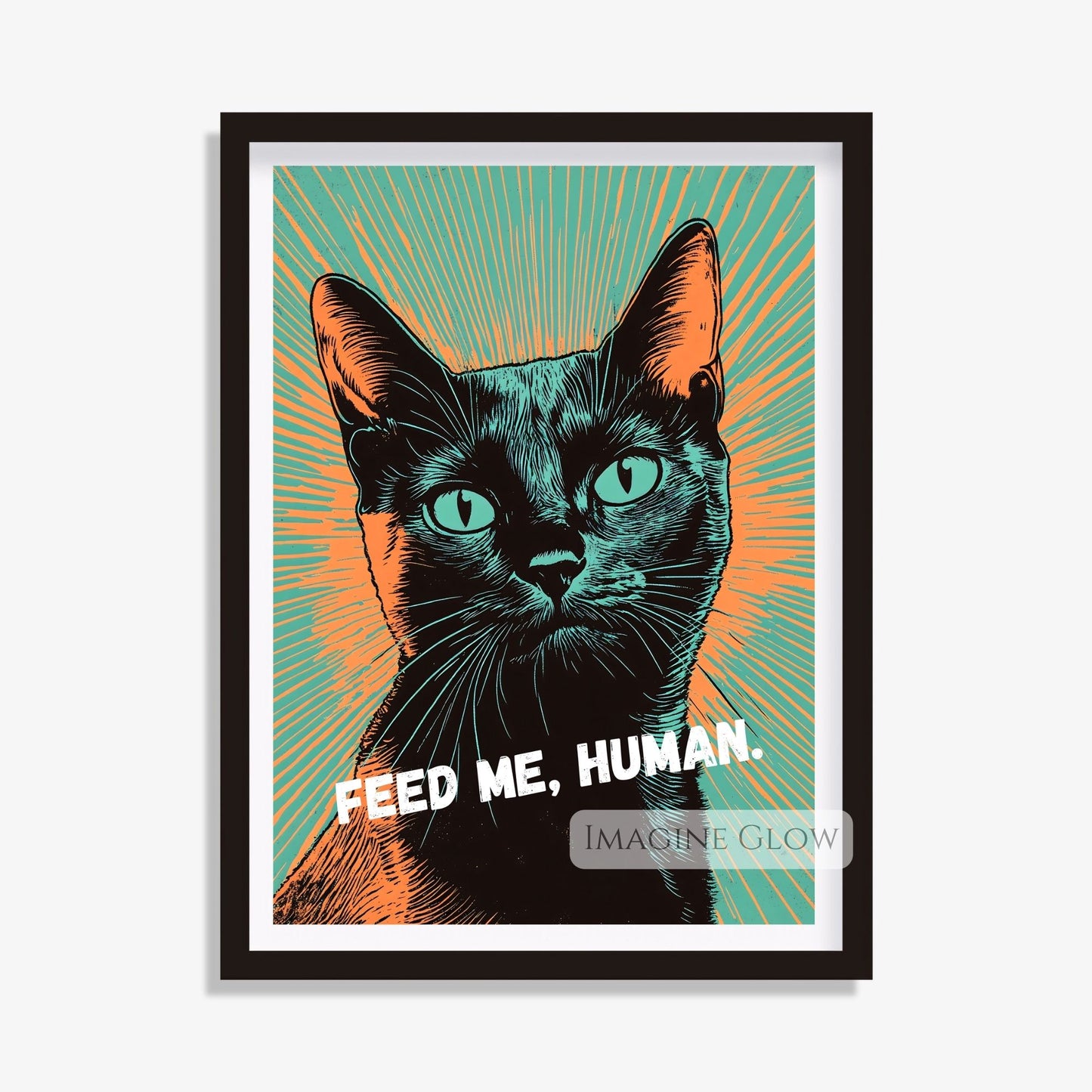 Retro pop art black cat print with "Feed Me, Human" phrase.