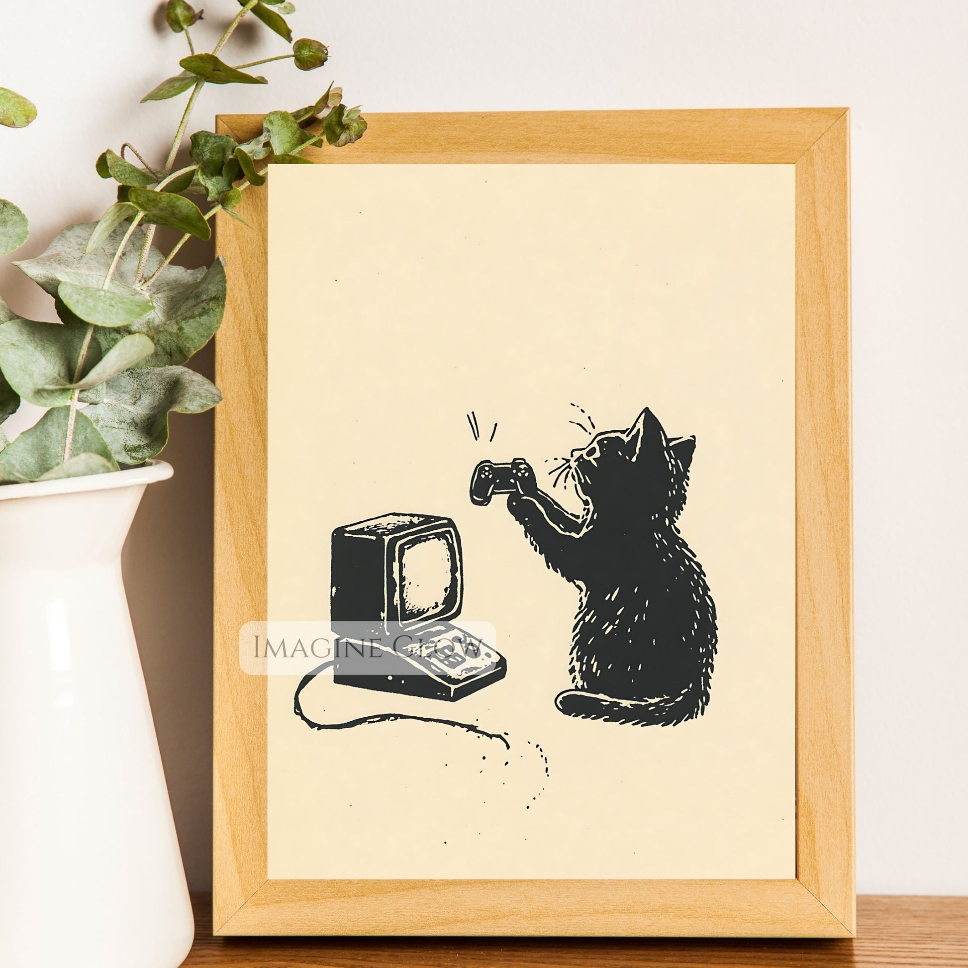 Vintage black cat gamer poster for office
Black cat video game poster with retro style
