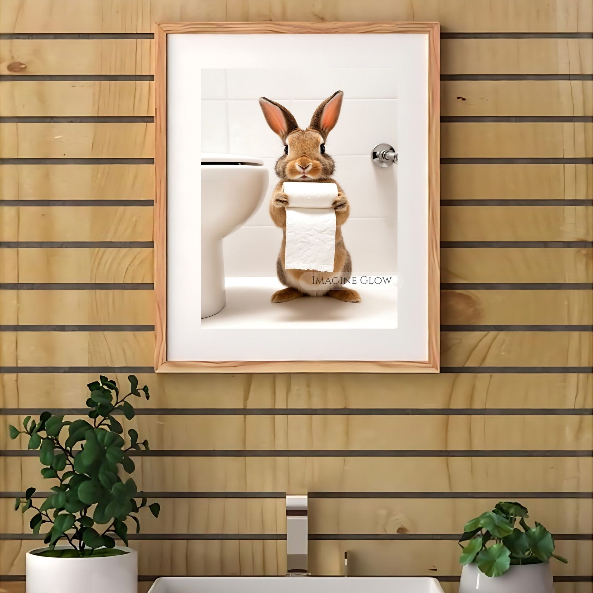 Bunny holding toilet paper wall art in color and monochrome versions.
