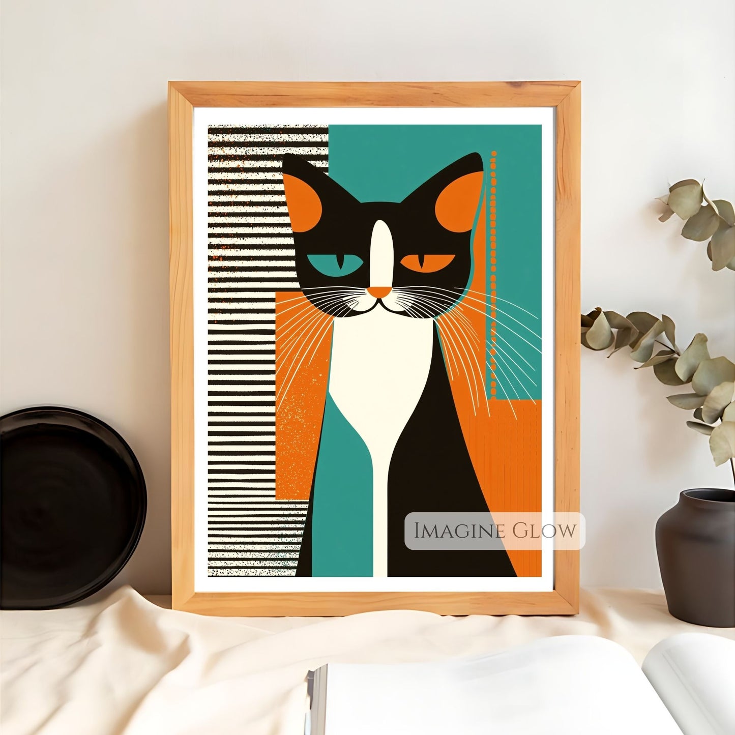 Playful digital cat art print for modern wall decor.

