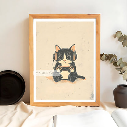 Fun and colorful cat gamer art print
Video game cat wall art for cat lovers
