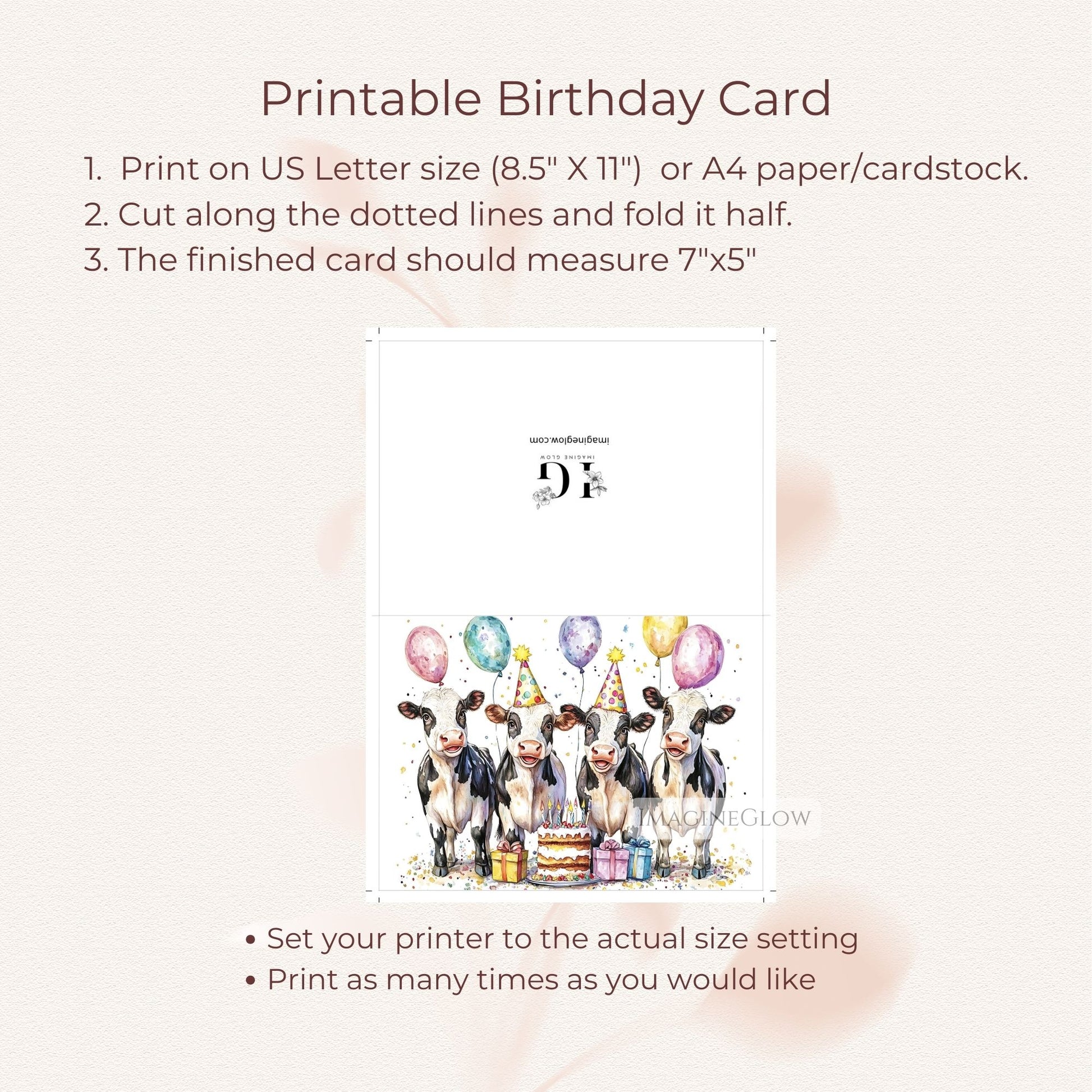 printable cow card
adorable farm animal card
whimsical birthday card