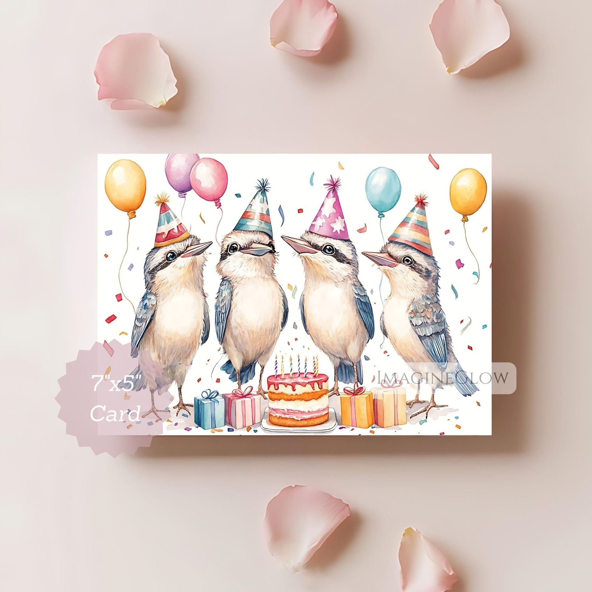 Birthday card with illustrated birds wearing party hats and balloons on a light pink background.