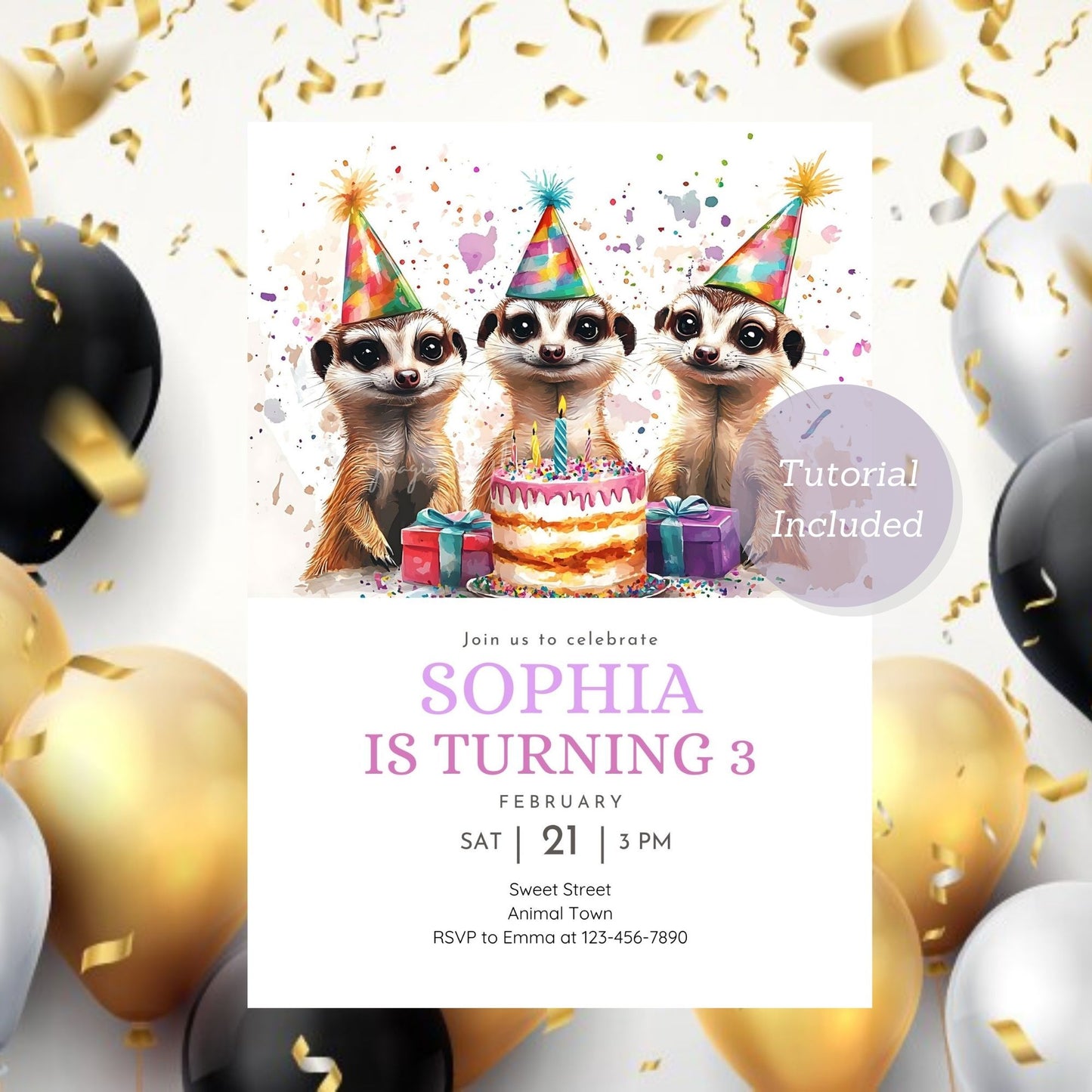 Fun and cute meerkat invitation for kids' birthday celebration.

