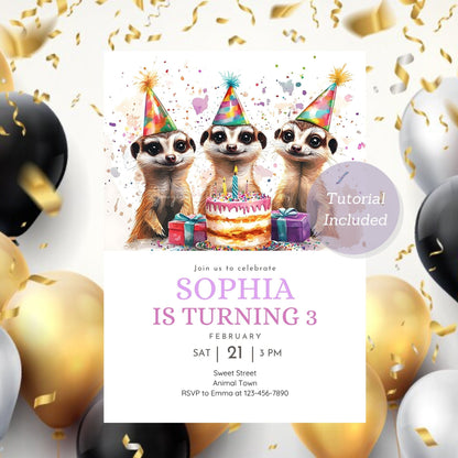 Fun and cute meerkat invitation for kids' birthday celebration.
