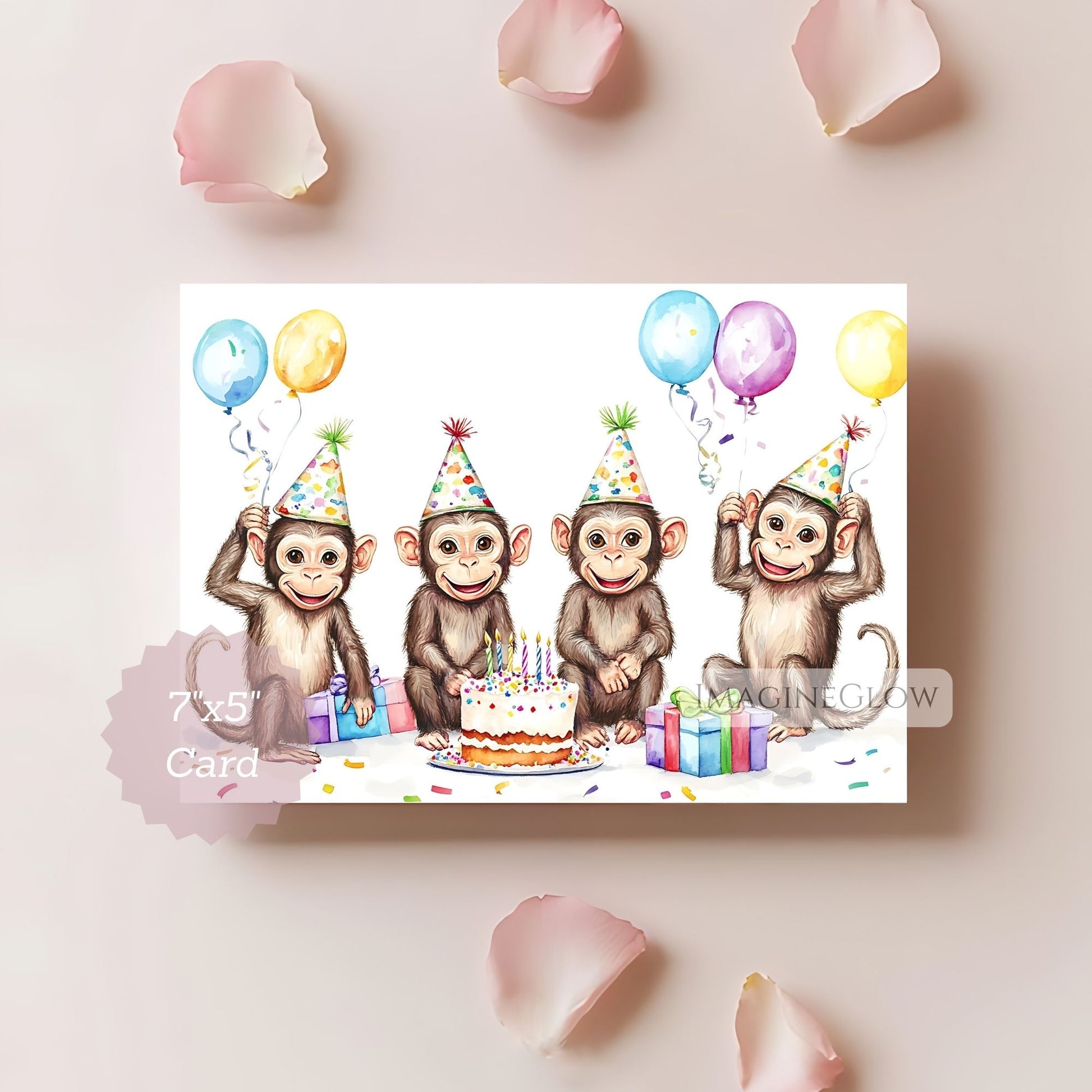 Birthday card with four monkeys wearing party hats and balloons 