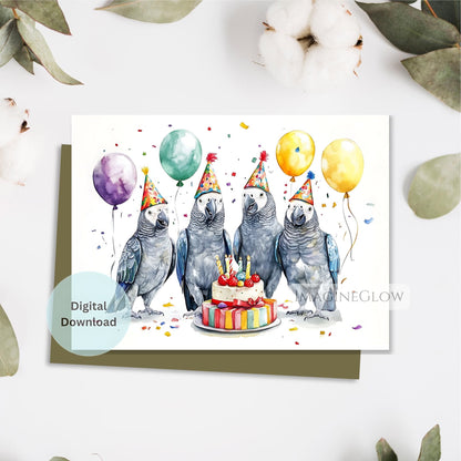Digital download card with parrots celebrating a birthday, surrounded by balloons and a cake.