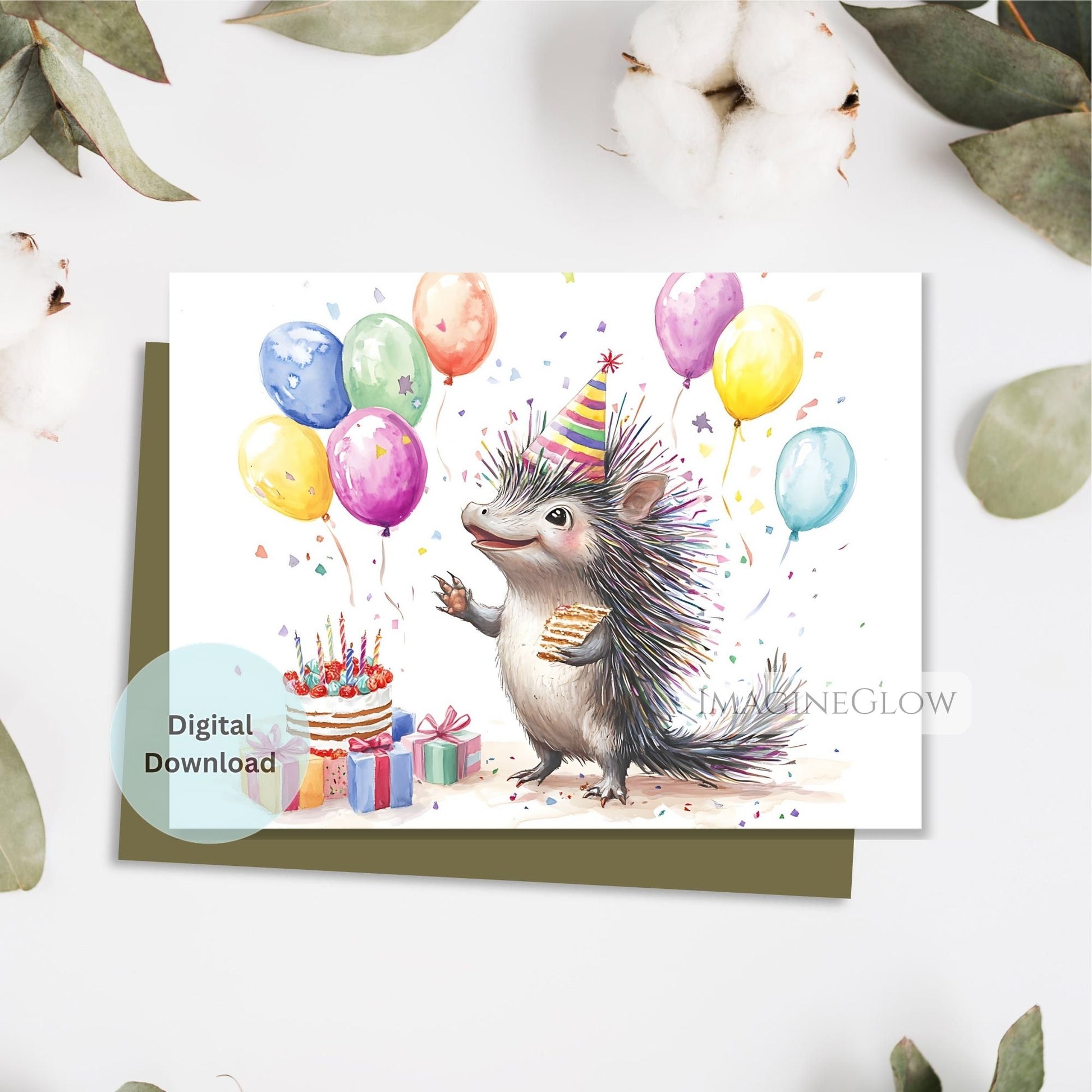 Birthday card with a hedgehog wearing a party hat and balloons on a white background.