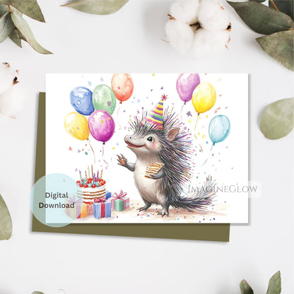 Birthday card with a hedgehog wearing a party hat and balloons on a white background.