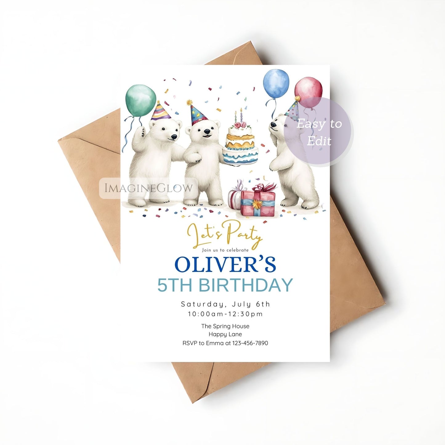 editable polar bear birthday invite
arctic animal party invitation
