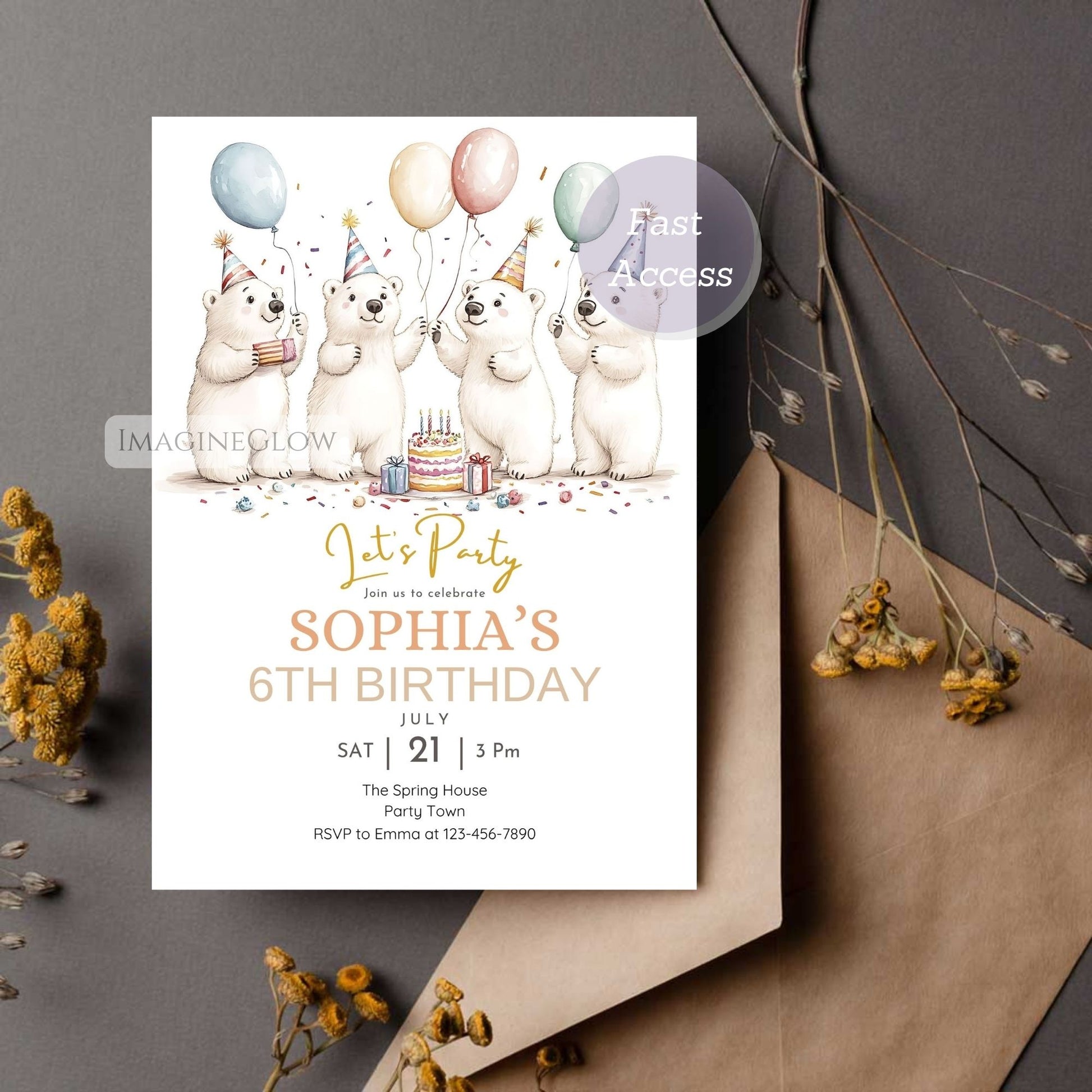 Birthday invitation card with polar bears and balloons on a gray background