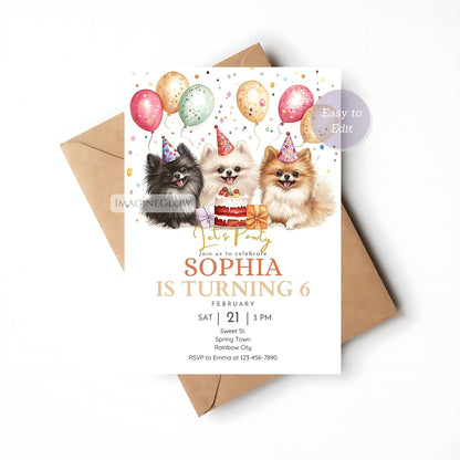 Cute Pomeranian puppy birthday invite
Printable puppy-themed birthday invitation
