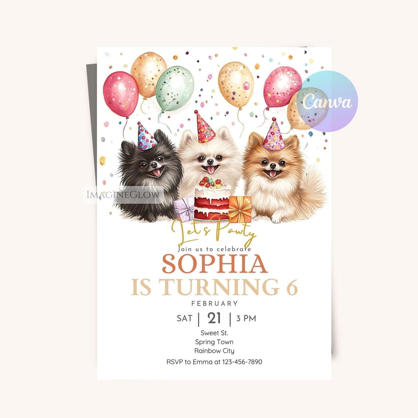 Pomeranian puppy birthday invitation editable
