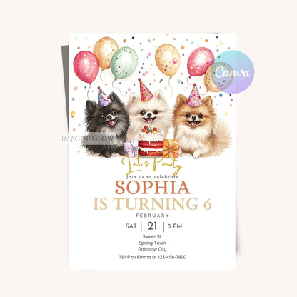 Pomeranian puppy birthday invitation editable
