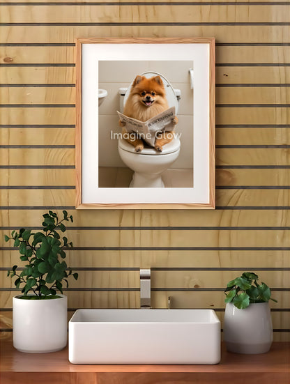 Pomeranian Dog in Toilet Artwork for Humorous Bathroom Wall Decor