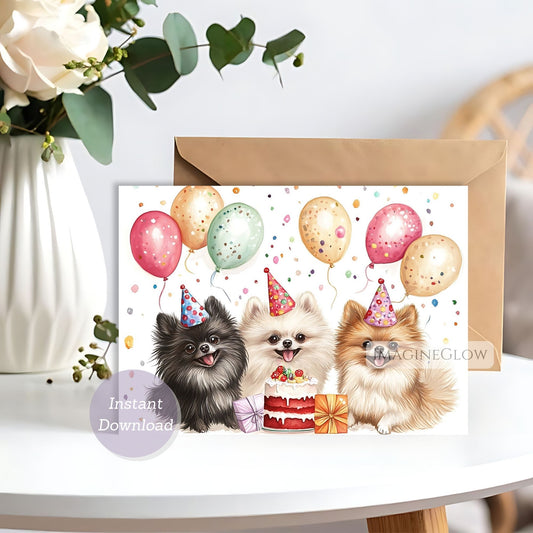 three pomeranian birthday card printable
digital pomeranian dog greeting card
