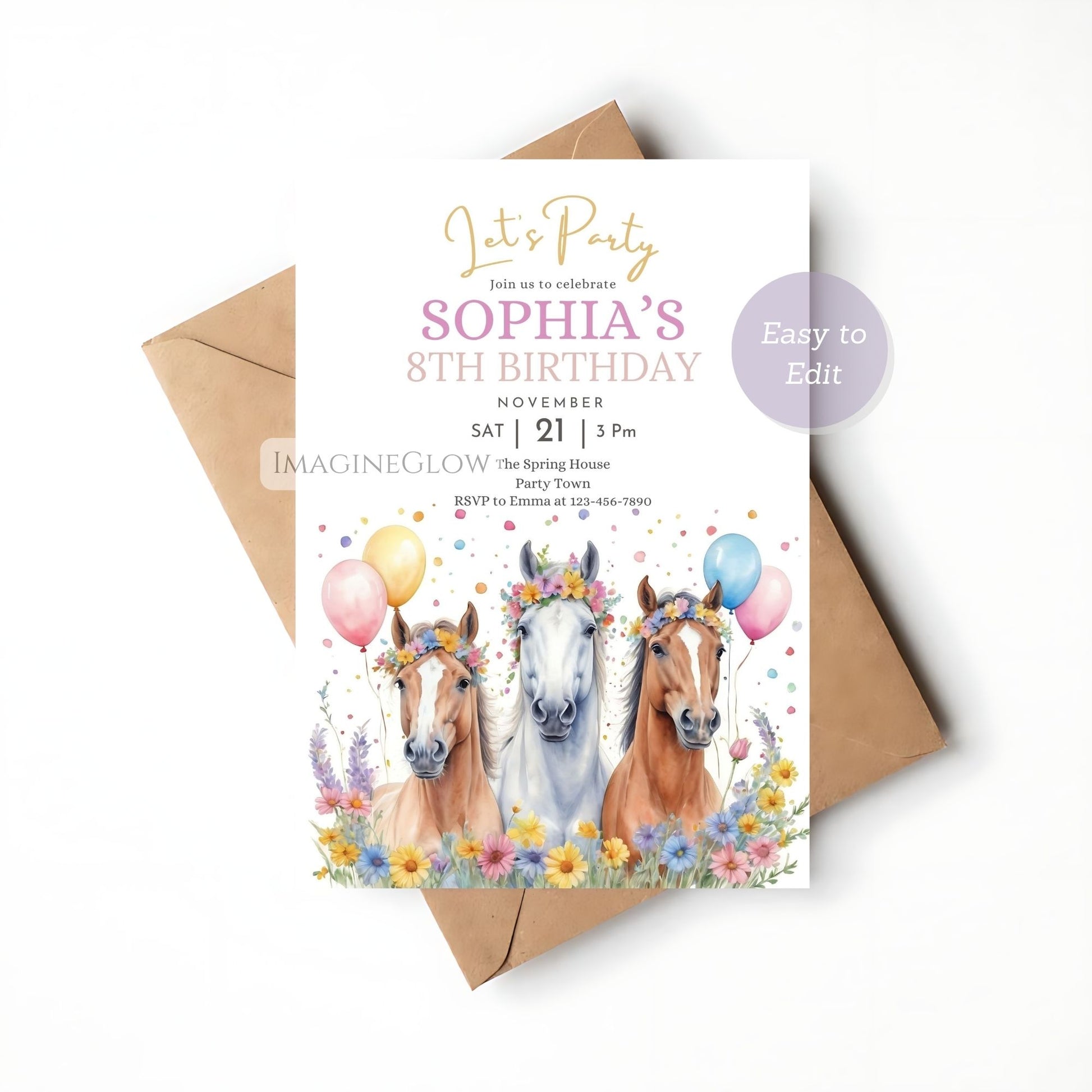 printable horse and floral birthday invite
rustic wildflower pony birthday card

