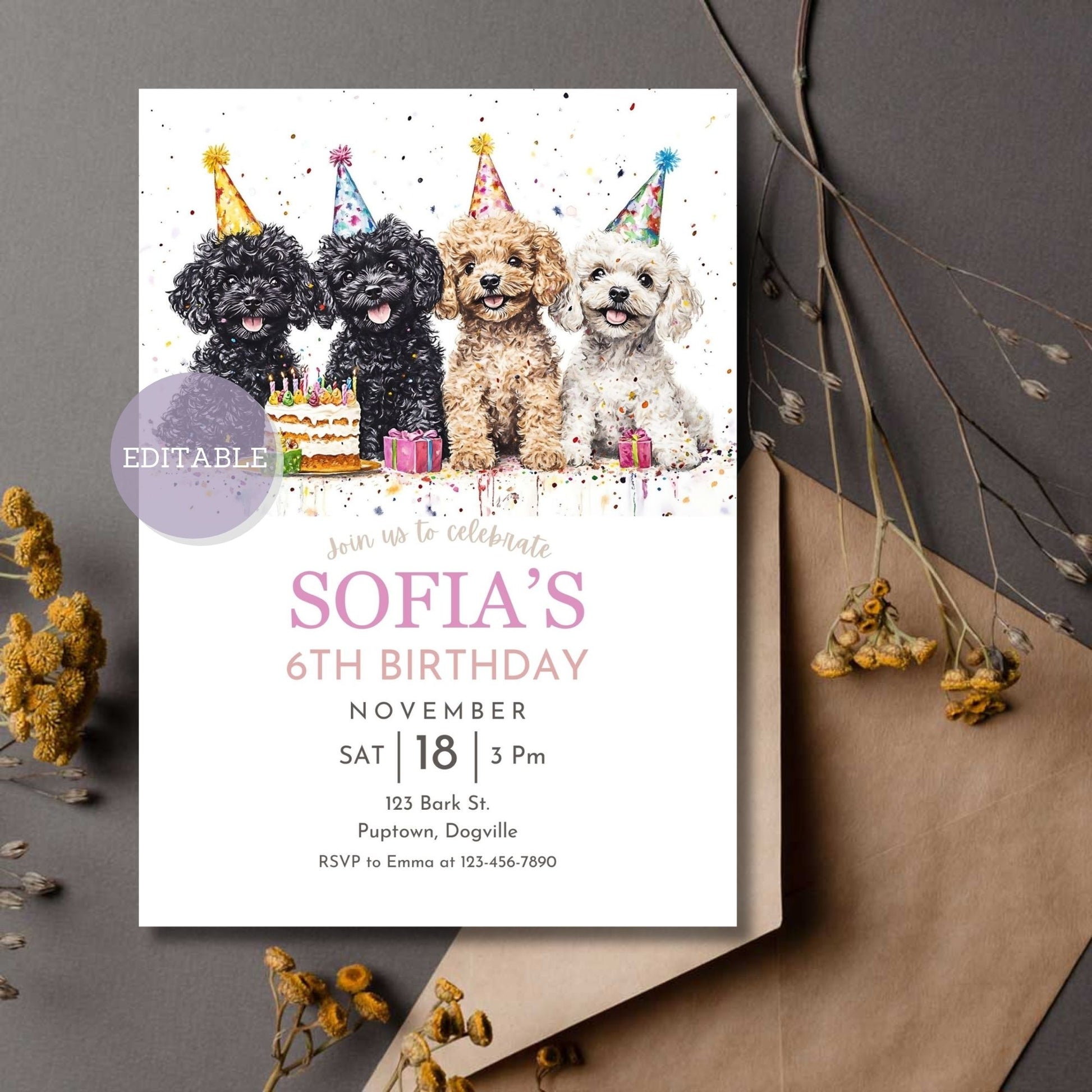 Custom Toy Poodle dog birthday invitation template, editable in Canva.