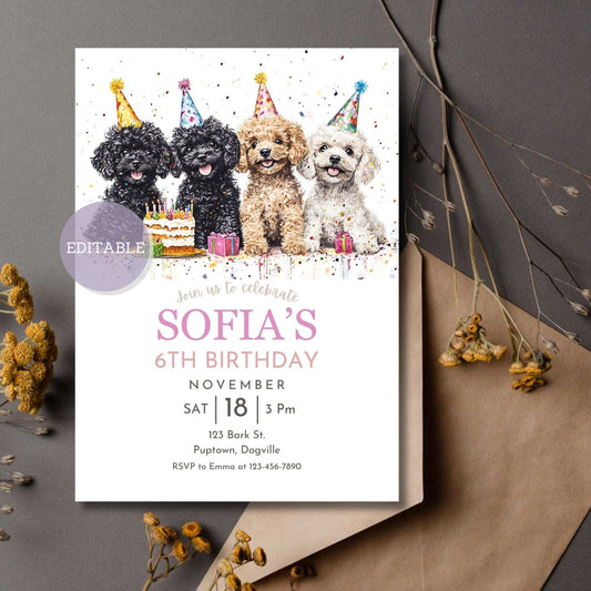 Custom Toy Poodle dog birthday invitation template, editable in Canva.