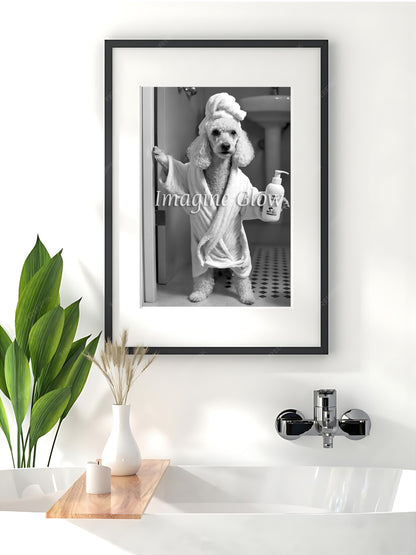 Black and white poodle print for restroom wall art and decor. Washroom print showcasing a poodle as part of animal toilet art.
Funny dog photo of a poodle in a bath tub for quirky wall decor.
