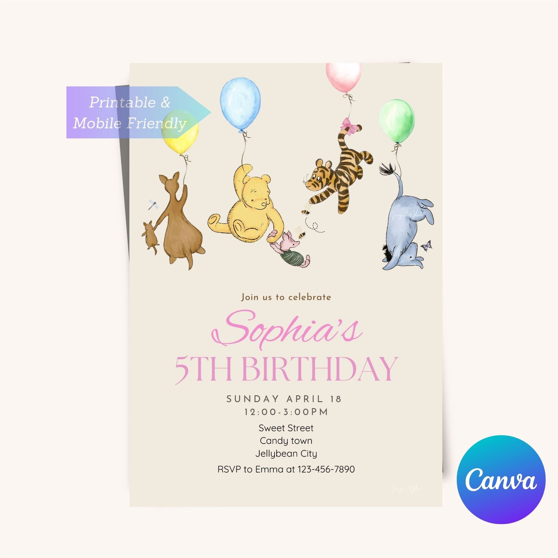 Cute and classic Pooh Bear birthday party invitation with a balloon.
