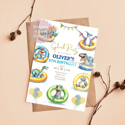 Birthday party invitation with dinosaur-themed pool party design on a beige background