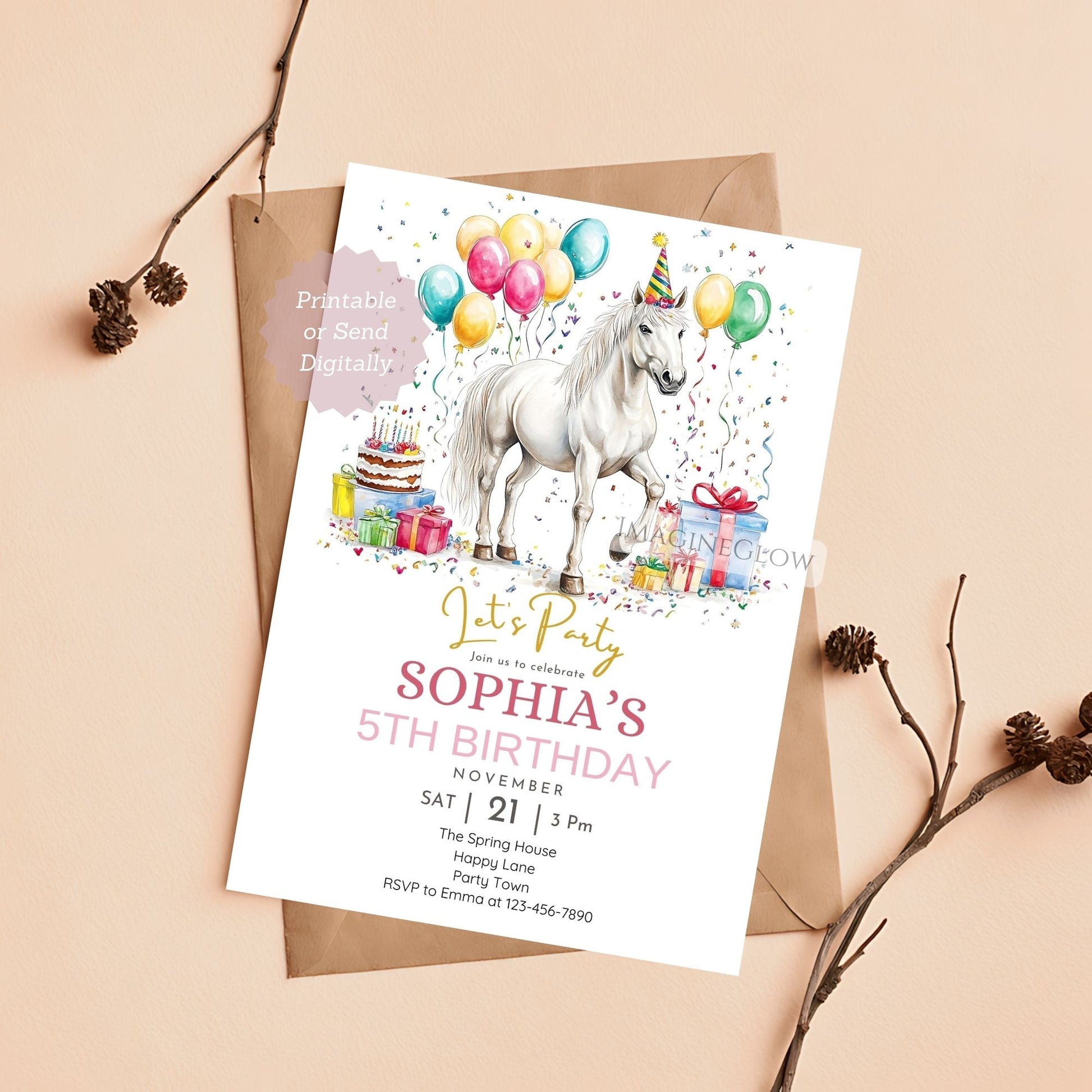 White horse birthday invitation for girls
Elegant pony party invite with white horse


