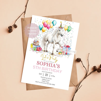 White horse birthday invitation for girls
Elegant pony party invite with white horse


