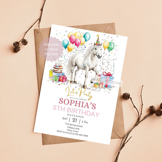 White horse birthday invitation for girls
Elegant pony party invite with white horse


