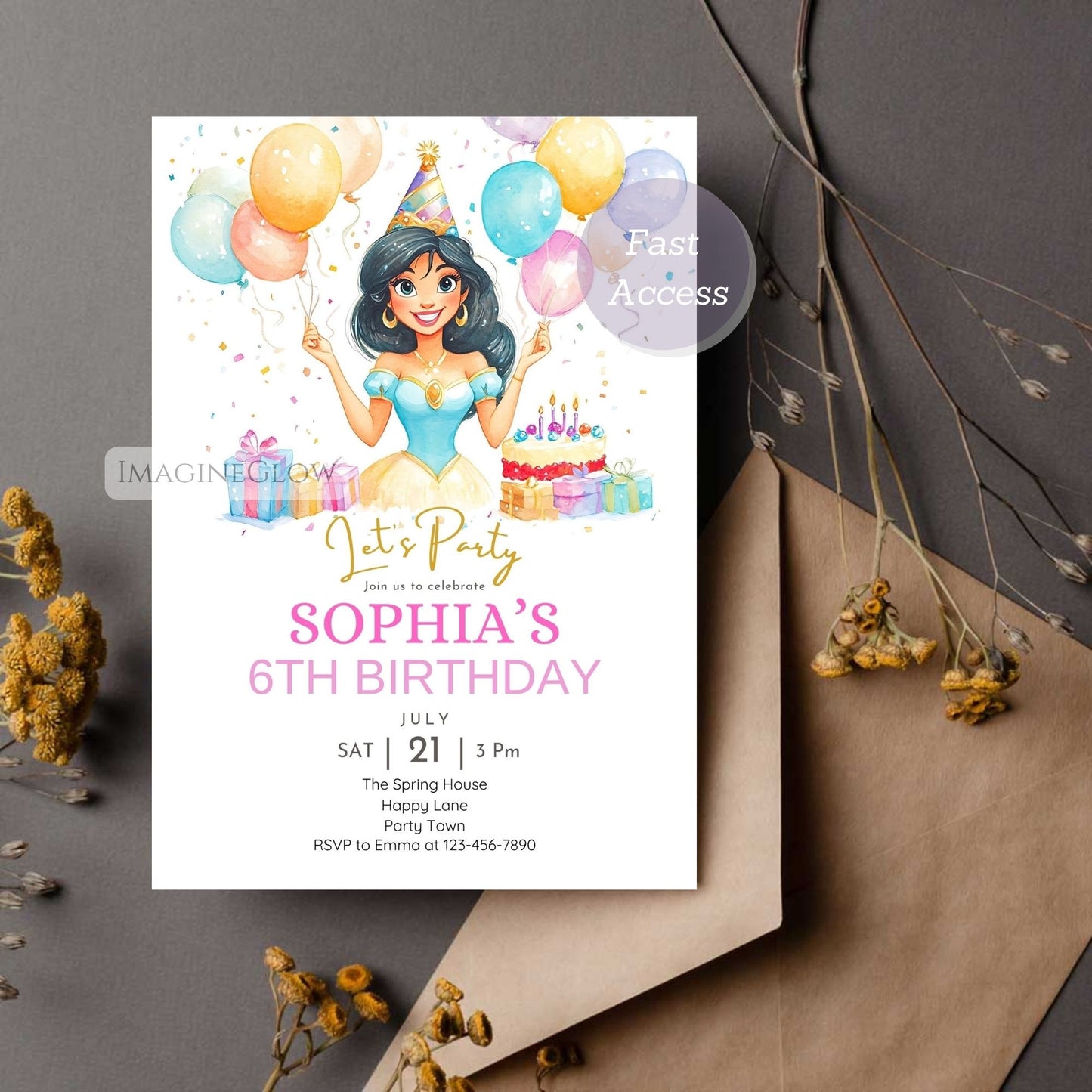 Magic carpet ride-themed birthday invitation for girls
Editable birthday invite with Princess Jasmine 
