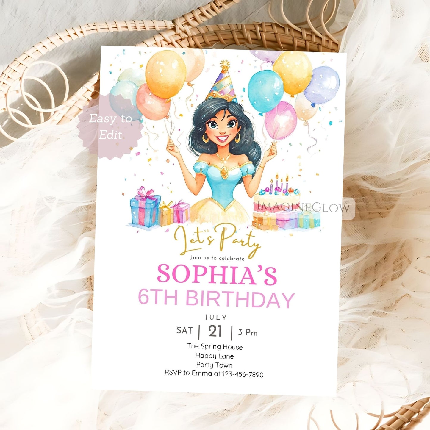 Princess Jasmine Aladdin birthday invitation with magic carpet
