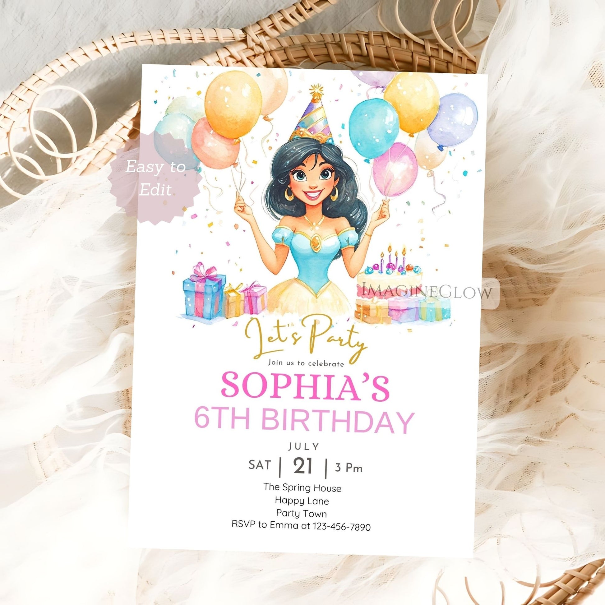 Princess Jasmine Aladdin birthday invitation with magic carpet
