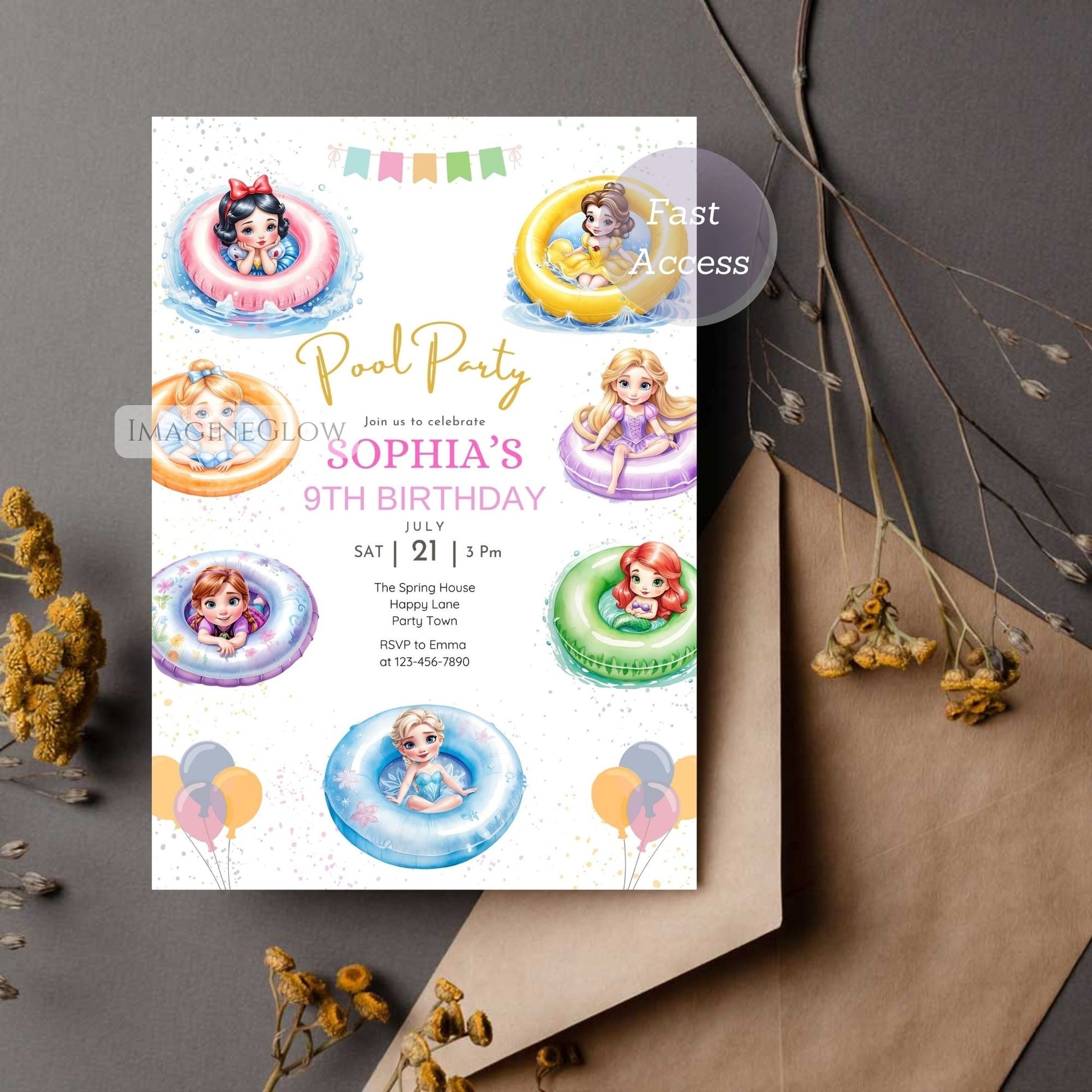 printable fairytale swim invite
royal tropical pool celebration invite
