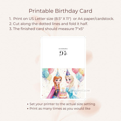 Printable Frozen princess birthday card
Whimsical Frozen sisters birthday card
Elsa and Anna happy birthday card for fans